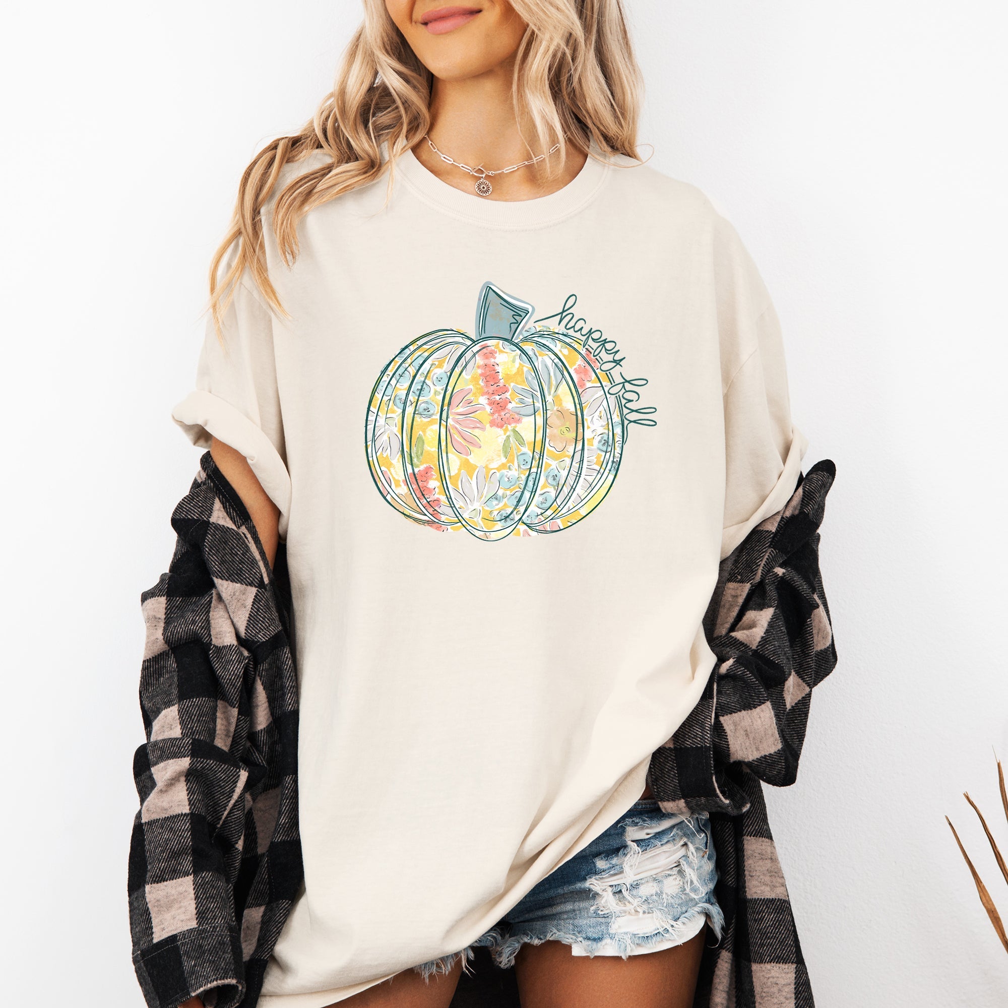 Floral Pumpkin Happy Fall Pastels Flowers Autumn Thanksgiving Comfort Colors Tee