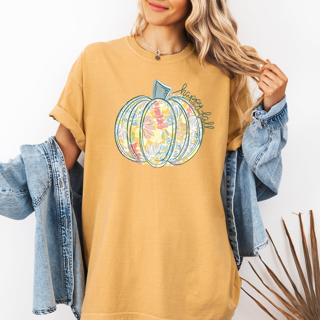 Floral Pumpkin Happy Fall Pastels Flowers Autumn Thanksgiving Comfort Colors Tee