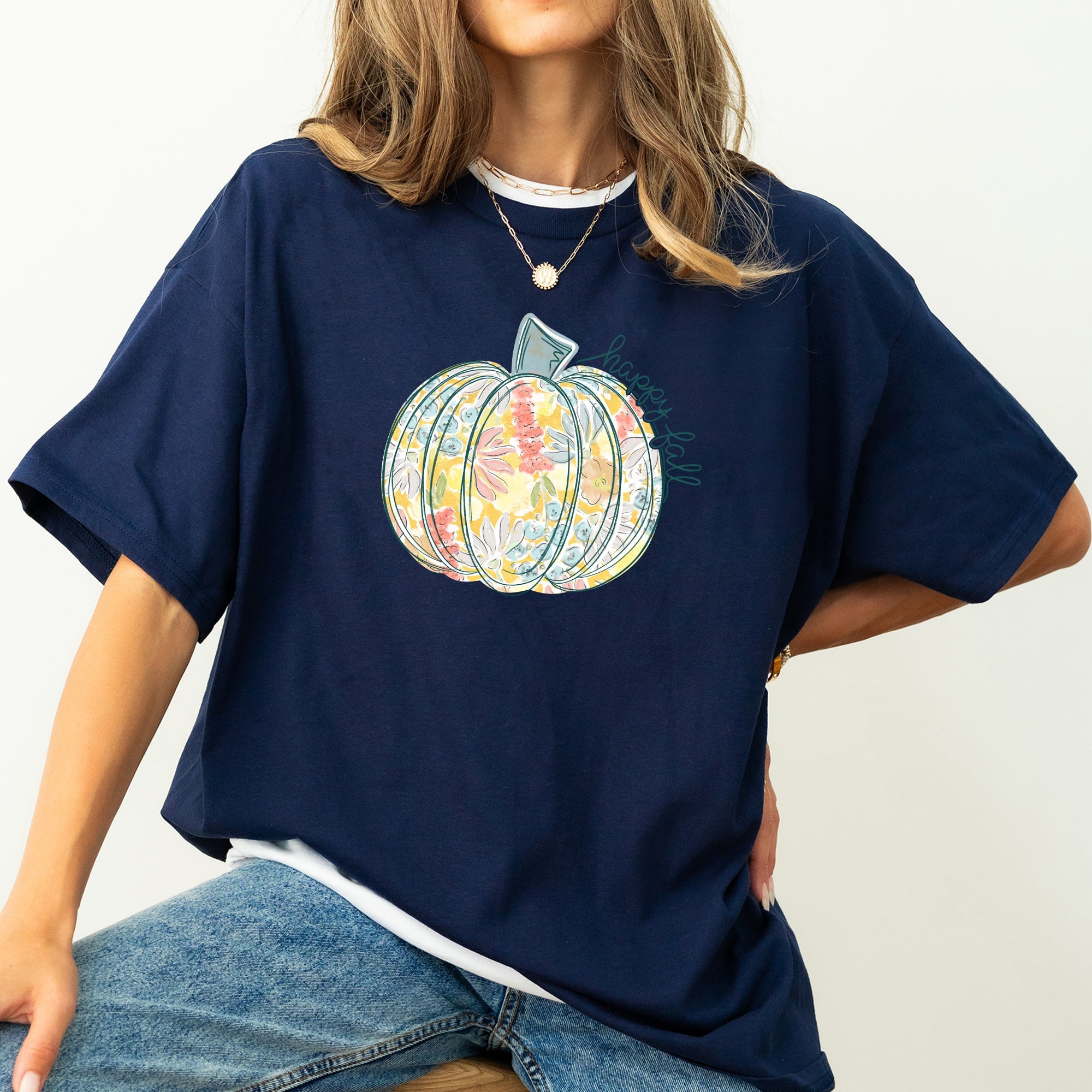 Floral Pumpkin Happy Fall Pastels Flowers Autumn Thanksgiving Comfort Colors Tee