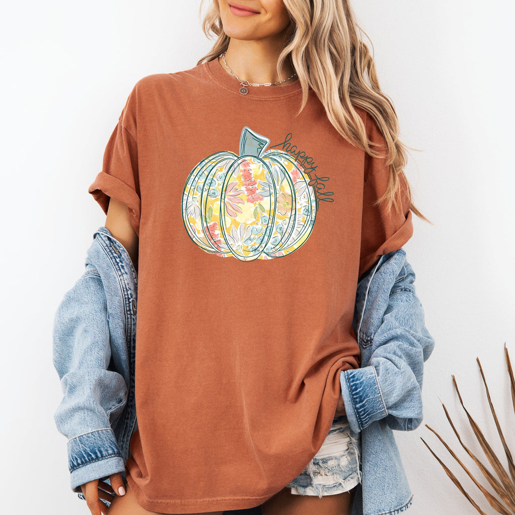 Floral Pumpkin Happy Fall Pastels Flowers Autumn Thanksgiving Comfort Colors Tee