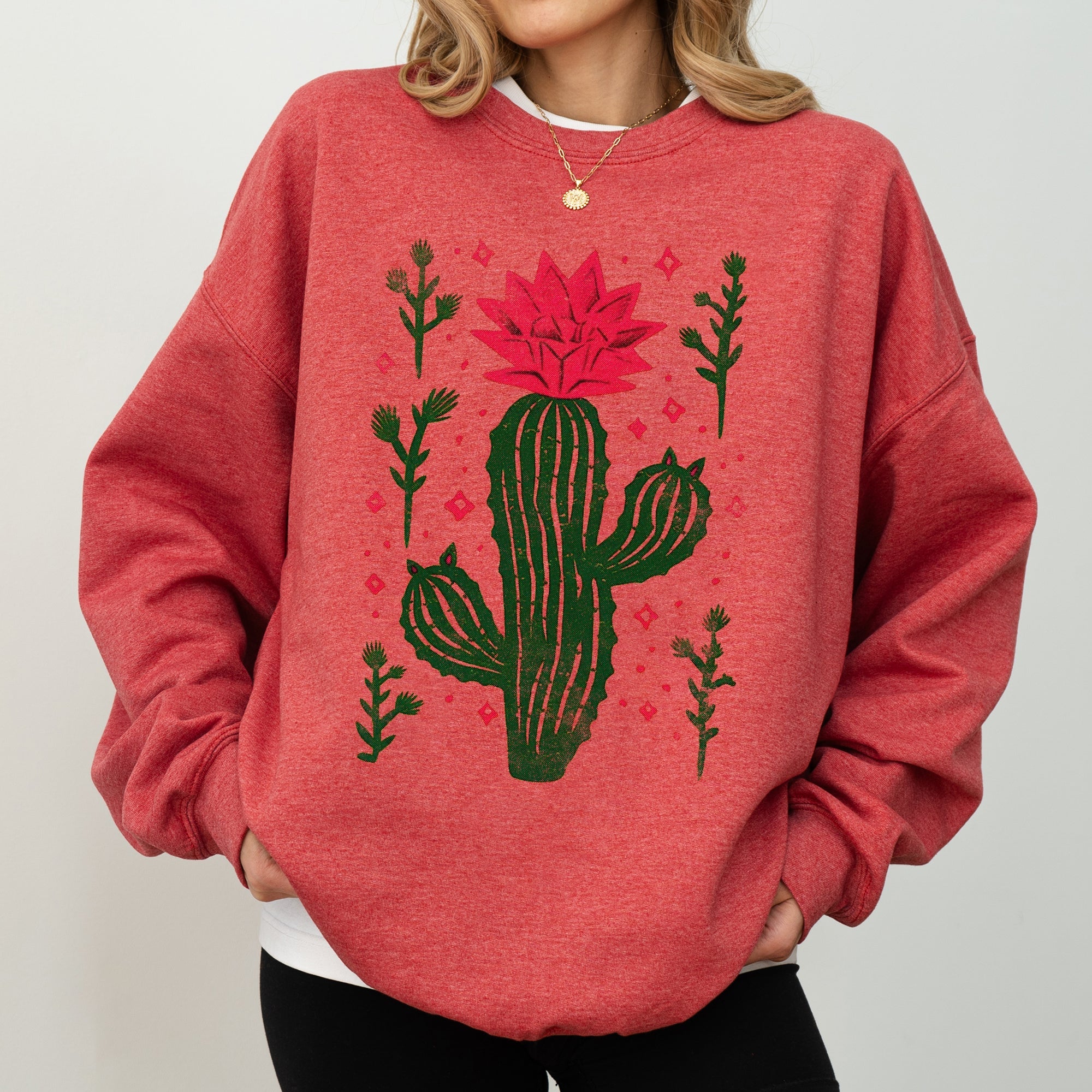 Flowering Desert Cactus and Succulent Plants Cowgirl Western Floral Motif Sweatshirt