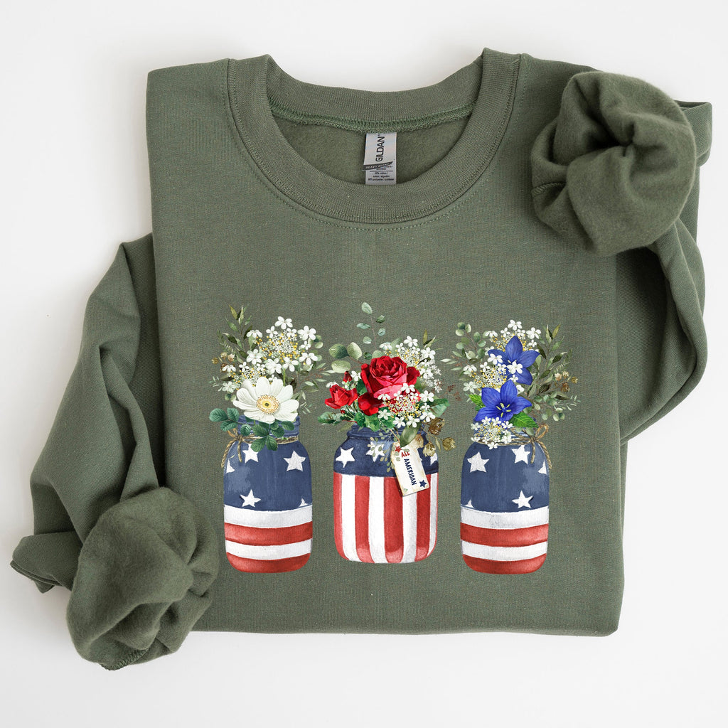 Flowers In Mason Jars All American Patriotic Floral Americana Outdoor Pride Sweatshirt