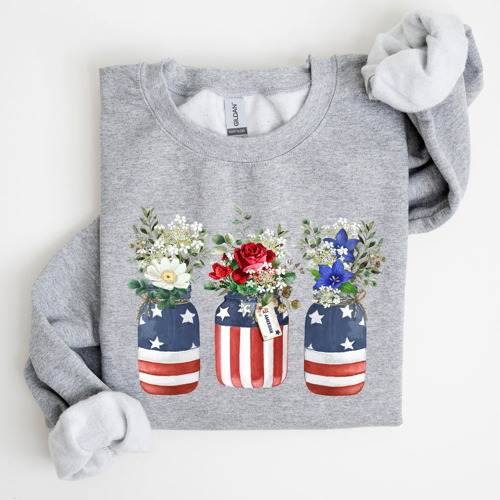 Flowers In Mason Jars All American Patriotic Floral Americana Outdoor Pride Sweatshirt