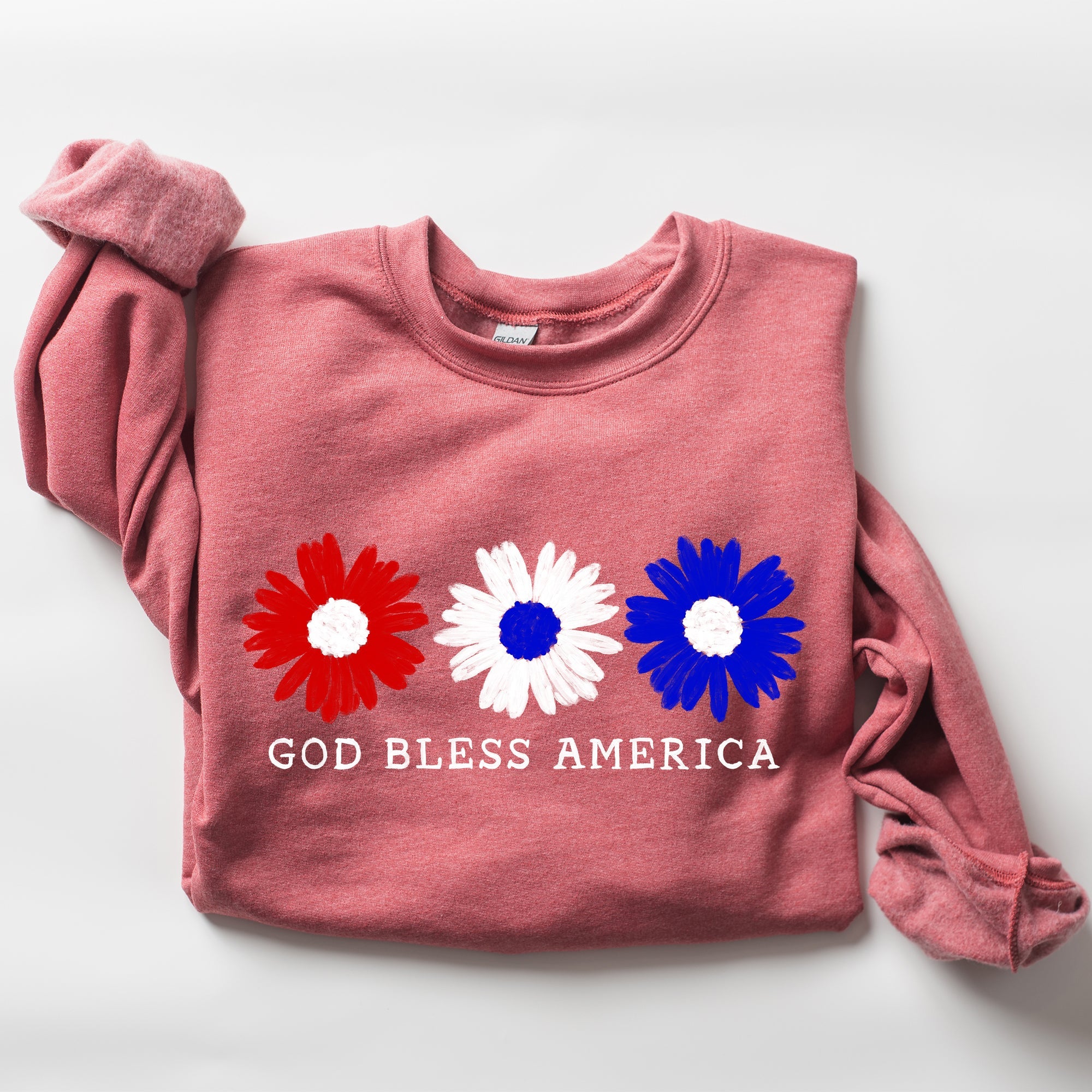 Flowers, God Bless America, Red White Blue Floral Patriotic Art Print Sweatshirt