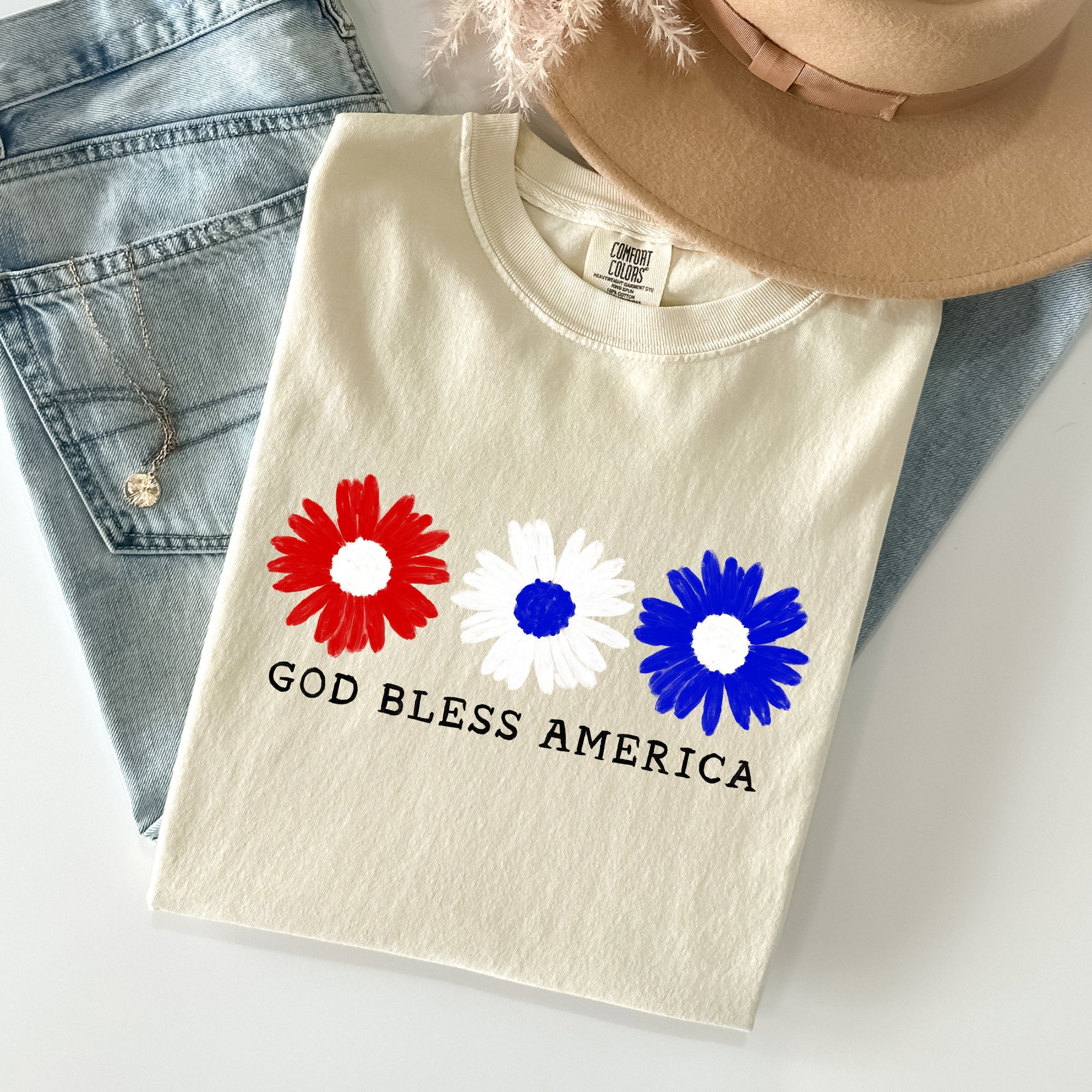 Flowers God Bless America Red White Blue Patriotic Floral Retro Americana Theme Comfort Colors Tee