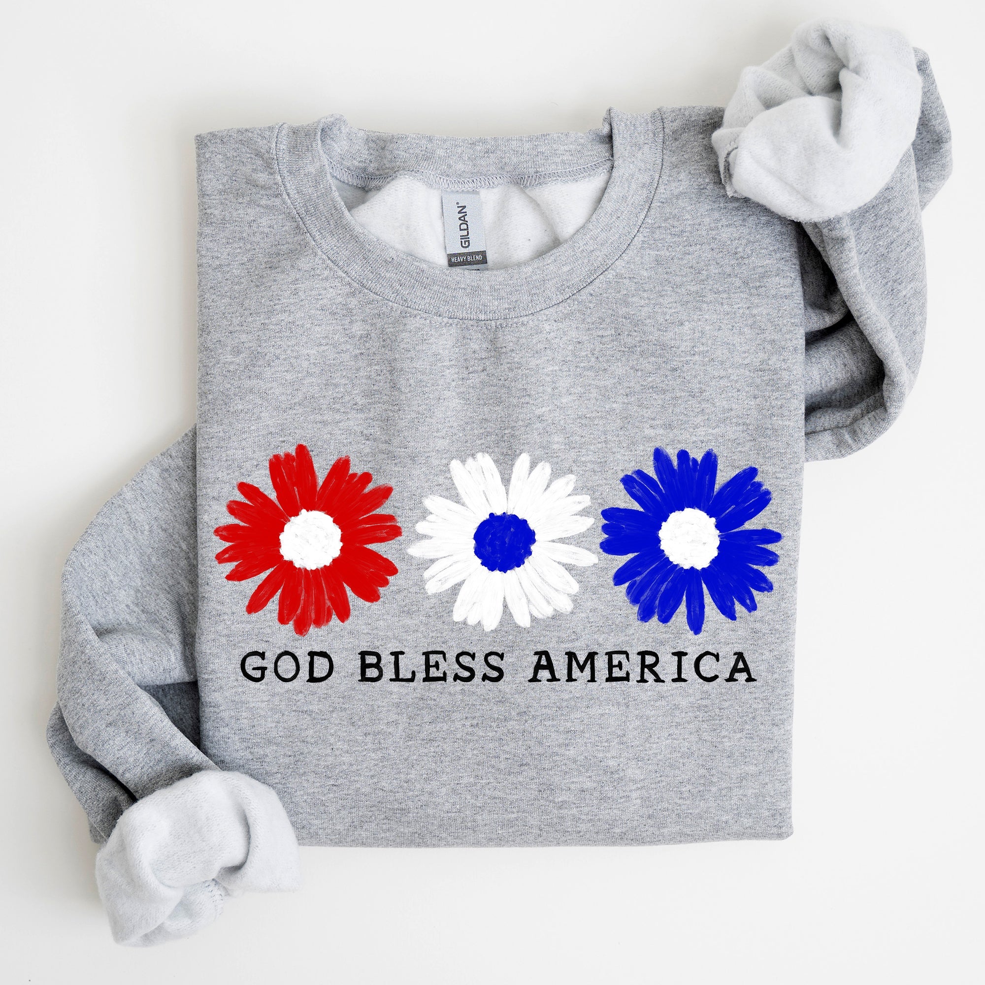 Flowers, God Bless America, Red White Blue Floral Patriotic Art Print Sweatshirt