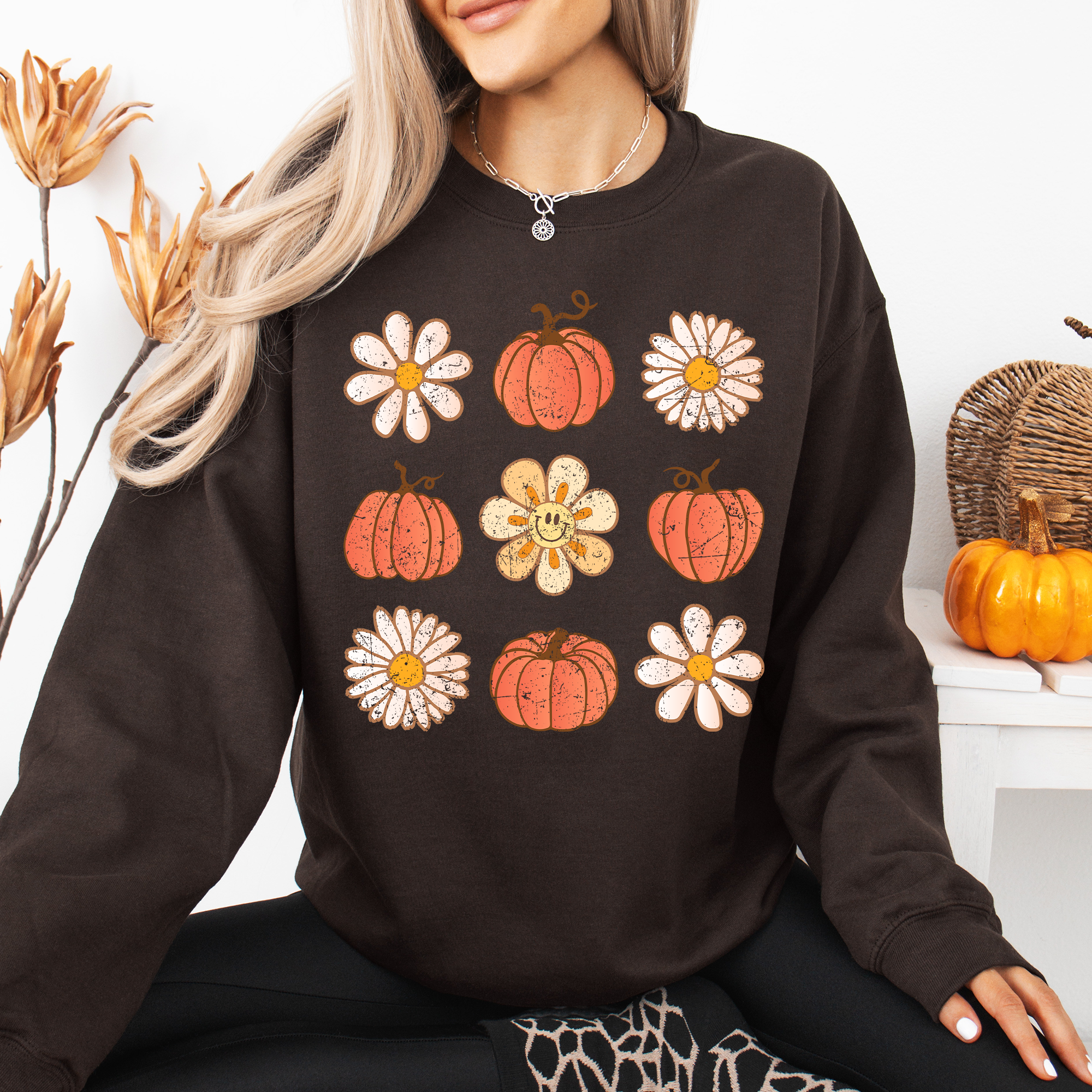 Flowers And Pumpkins Minimalist Autumn Fall Halloween Seasonal Floral Print Sweatshirt