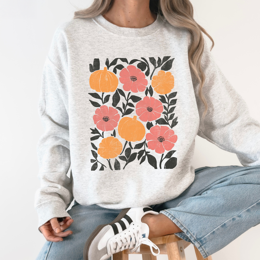 Vivid Watercolor Flowers And Pumpkins Autumn Halloween Garden Scene Artwork Print Sweatshirt