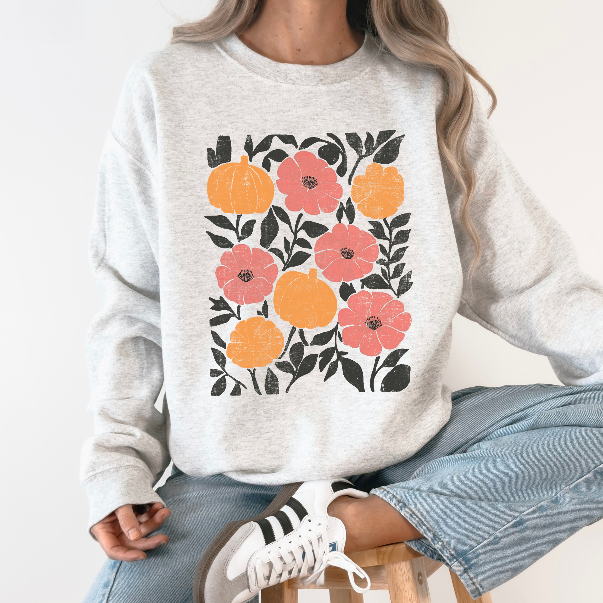 Vivid Watercolor Flowers And Pumpkins Autumn Halloween Garden Scene Artwork Print Sweatshirt