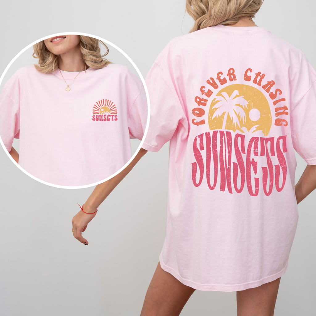 Forever Chasing Sunsets Palm Trees Beach Summer Coastal Living Comfort Colors Tee