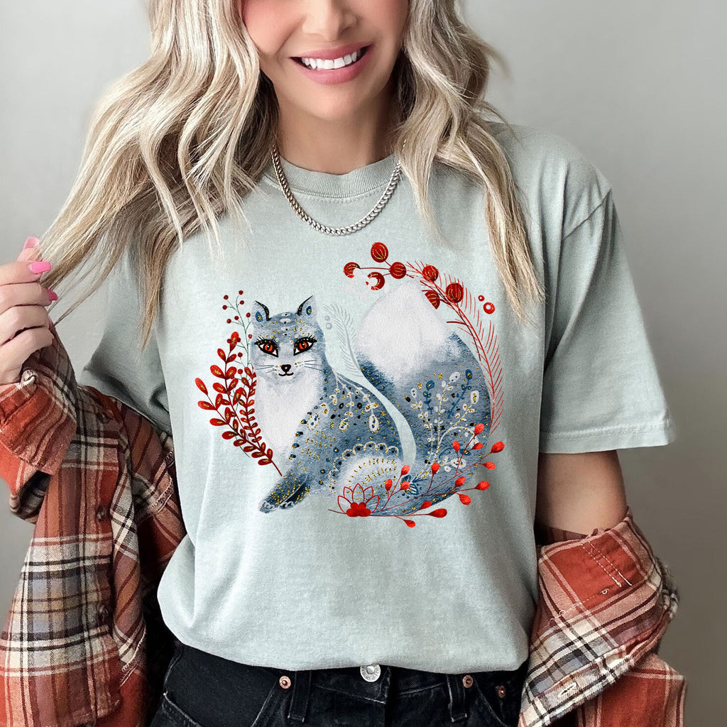 Fox Folk Art Scandinavian Winter Christmas Nordic Woodland Scene Themed Illustration Comfort Colors Tee
