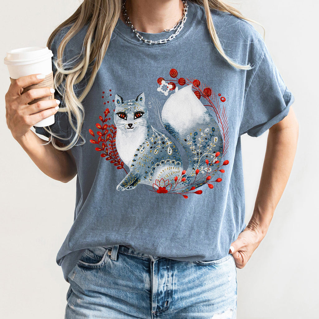 Fox Folk Art Scandinavian Winter Christmas Nordic Woodland Scene Themed Illustration Comfort Colors Tee