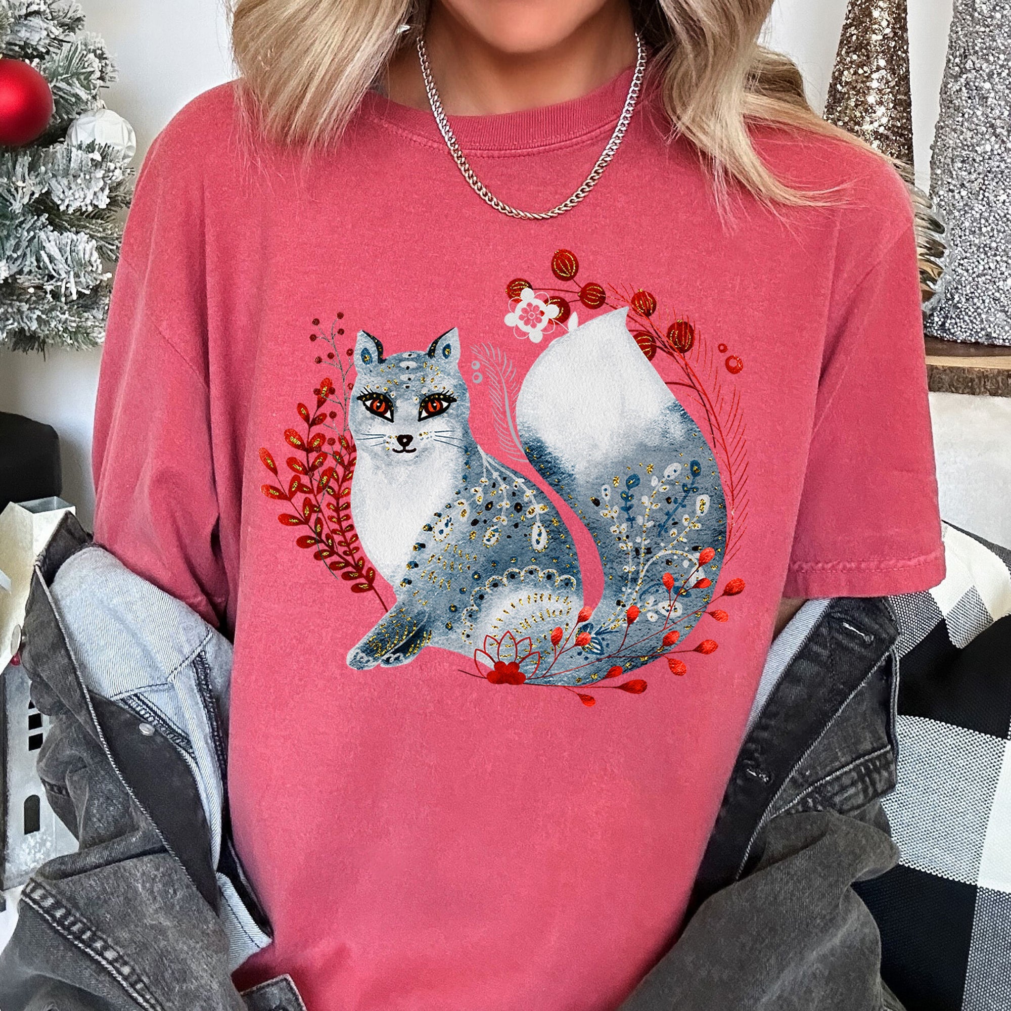 Fox Folk Art Scandinavian Winter Christmas Nordic Woodland Scene Themed Illustration Comfort Colors Tee