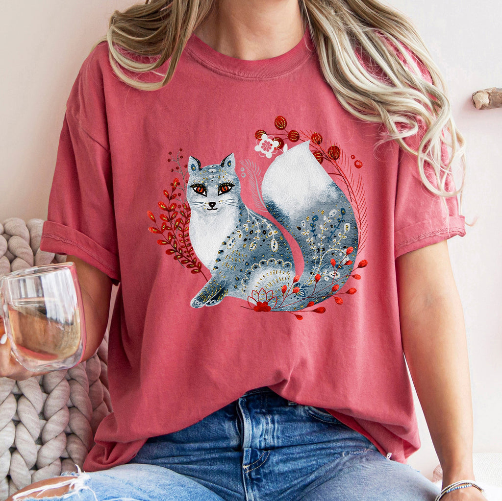 Fox Folk Art Scandinavian Winter Christmas Nordic Woodland Scene Themed Illustration Comfort Colors Tee