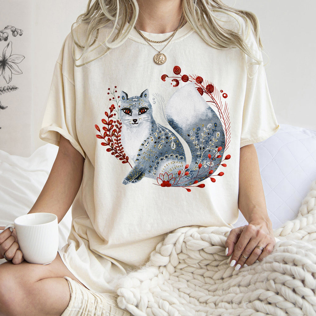 Fox Folk Art Scandinavian Winter Christmas Nordic Woodland Scene Themed Illustration Comfort Colors Tee