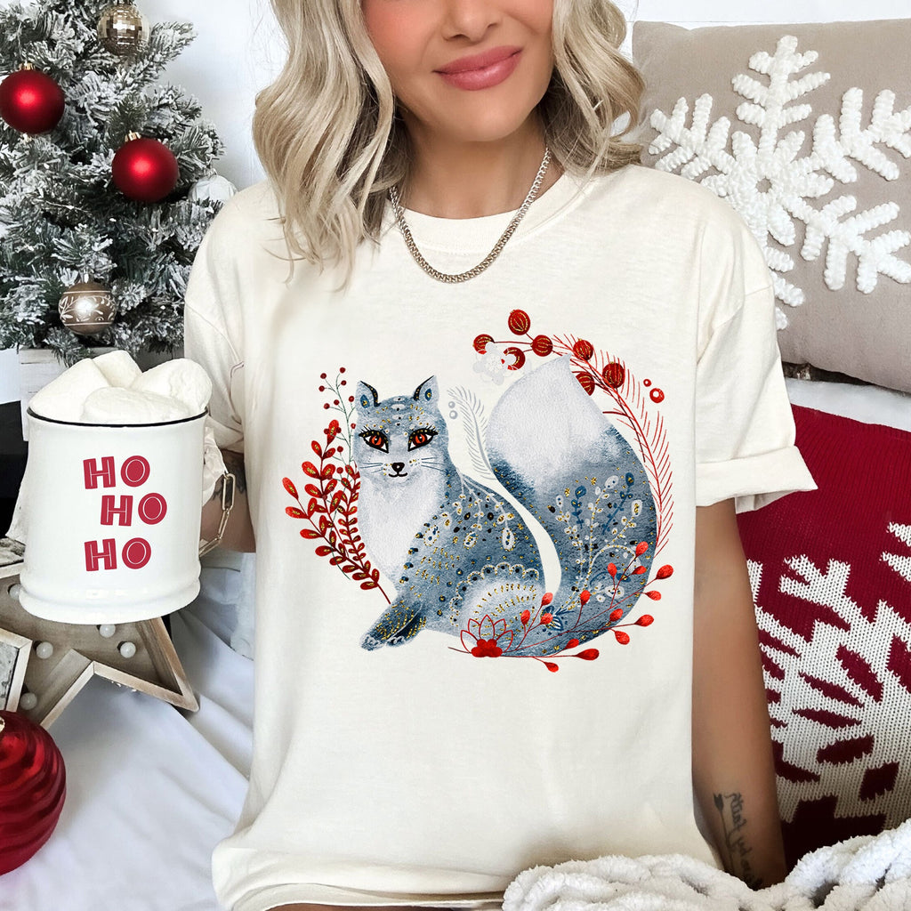 Fox Folk Art Scandinavian Winter Christmas Nordic Woodland Scene Themed Illustration Comfort Colors Tee