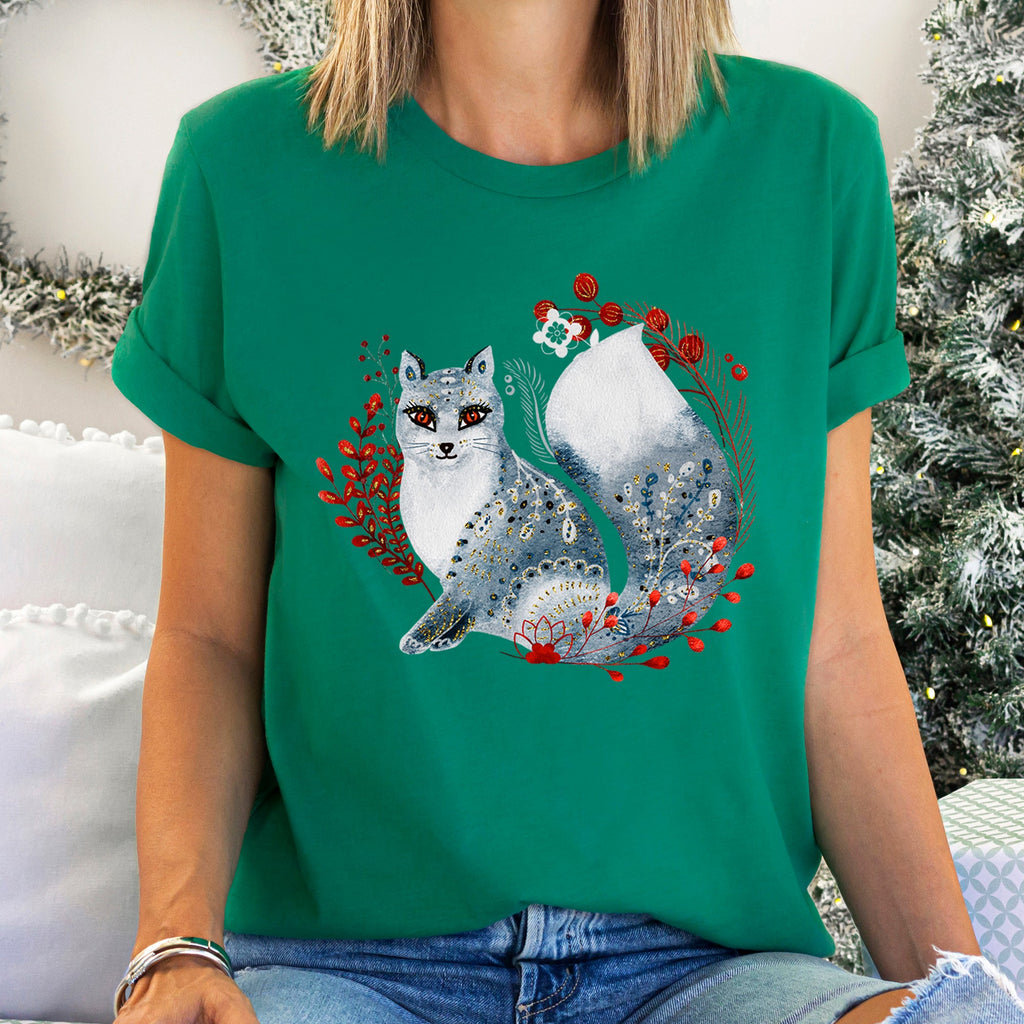 Fox Folk Art Scandinavian Winter Christmas Foxes Ornaments Snowflakes Graphic Tee