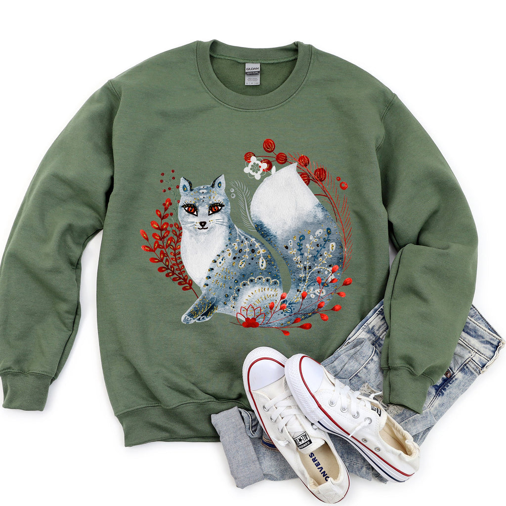 Fox, Folk Art Scandinavian Christmas Fox Art Illustration For Cozy Nordic Holiday Sweatshirt