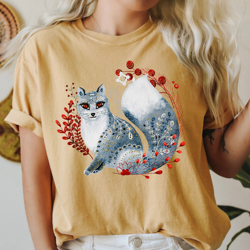 Fox Folk Art Scandinavian Winter Christmas Nordic Woodland Scene Themed Illustration Comfort Colors Tee