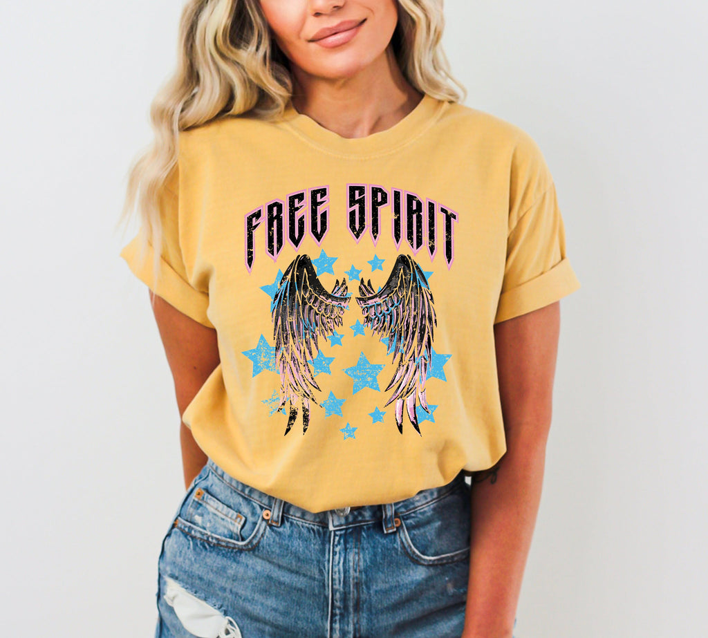 Free Spirit Wings Rock Grunge Stars 80s Rock Music Concert Tee Comfort Colors Tee
