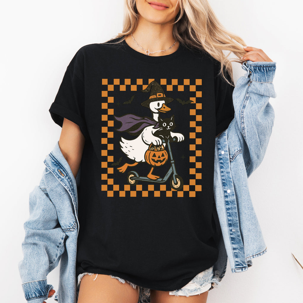 Funny Halloween Goose, Black Cat, Witch, Checkered Cartoon Illustration Graphic Tee