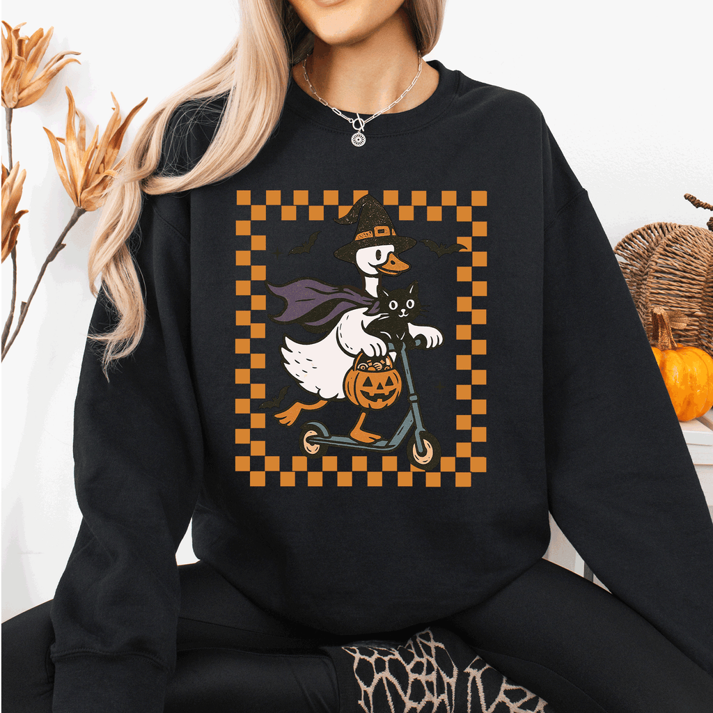 Funny Halloween Goose Black Cat Witch Checkered Parade Graphic Print Edition Sweatshirt