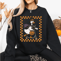 Funny Halloween Goose Black Cat Witch Checkered Parade Graphic Print Edition Sweatshirt