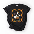 Funny Halloween Goose With Black Cat Witch Checkered Scene Artwork Comfort Colors Tee