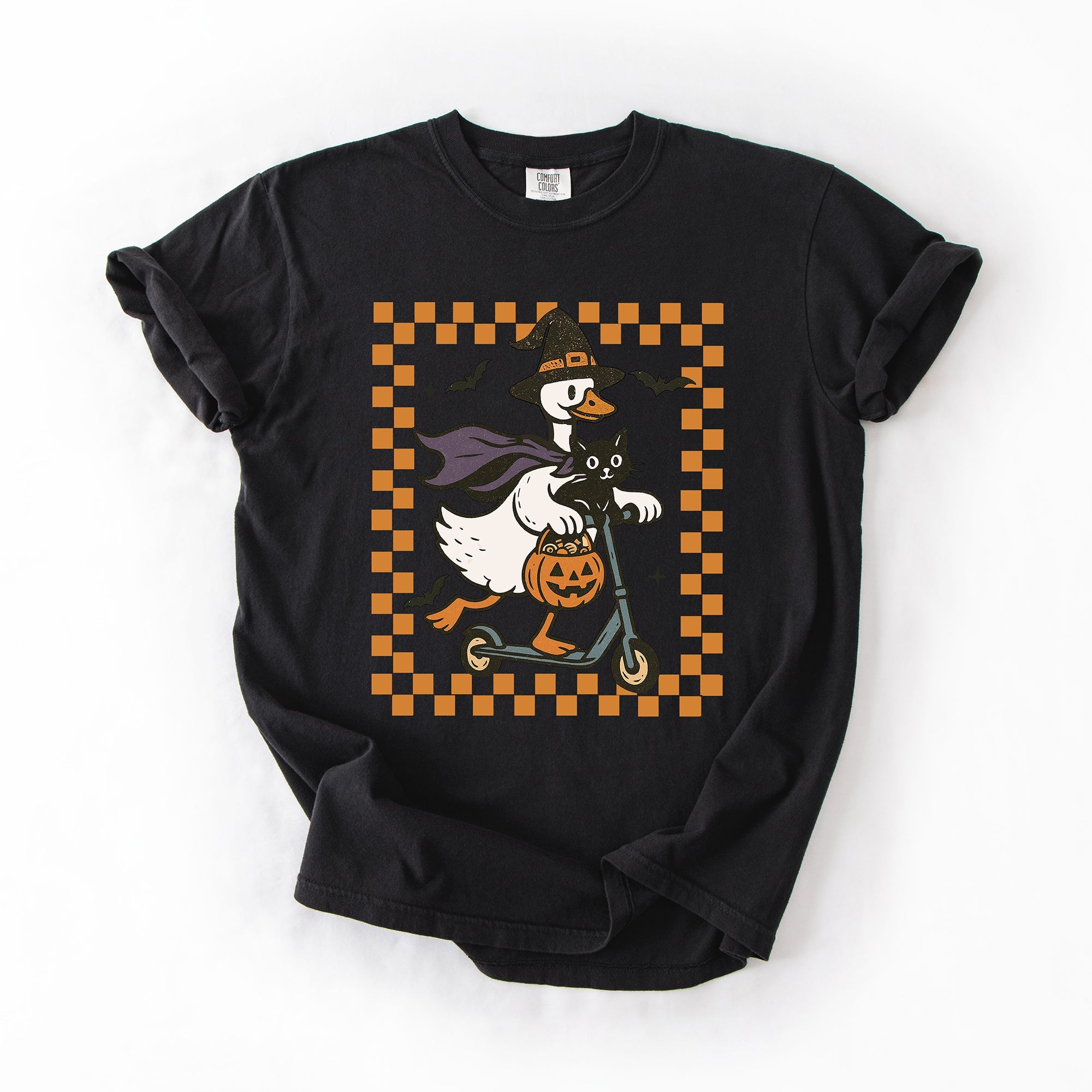 Funny Halloween Goose With Black Cat Witch Checkered Scene Artwork Comfort Colors Tee
