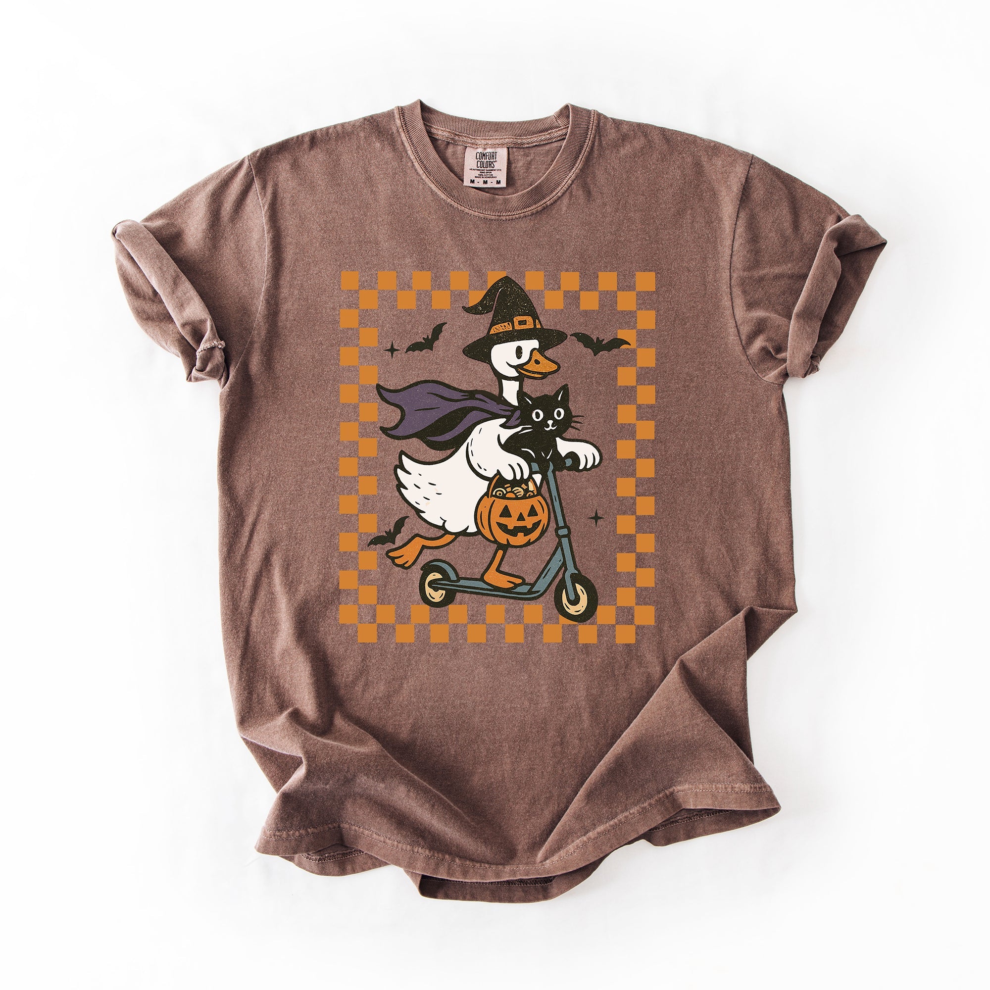 Funny Halloween Goose With Black Cat Witch Checkered Scene Artwork Comfort Colors Tee