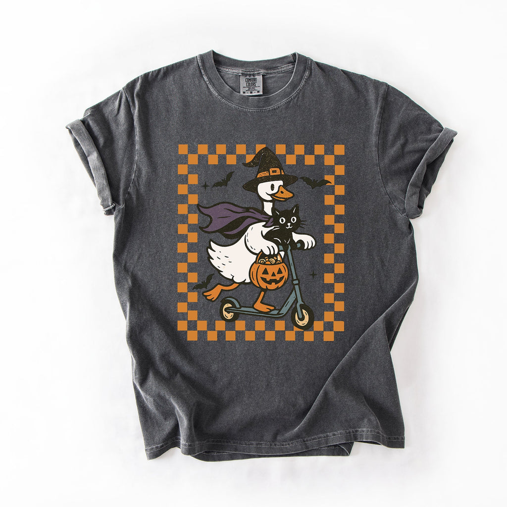 Funny Halloween Goose With Black Cat Witch Checkered Scene Artwork Comfort Colors Tee
