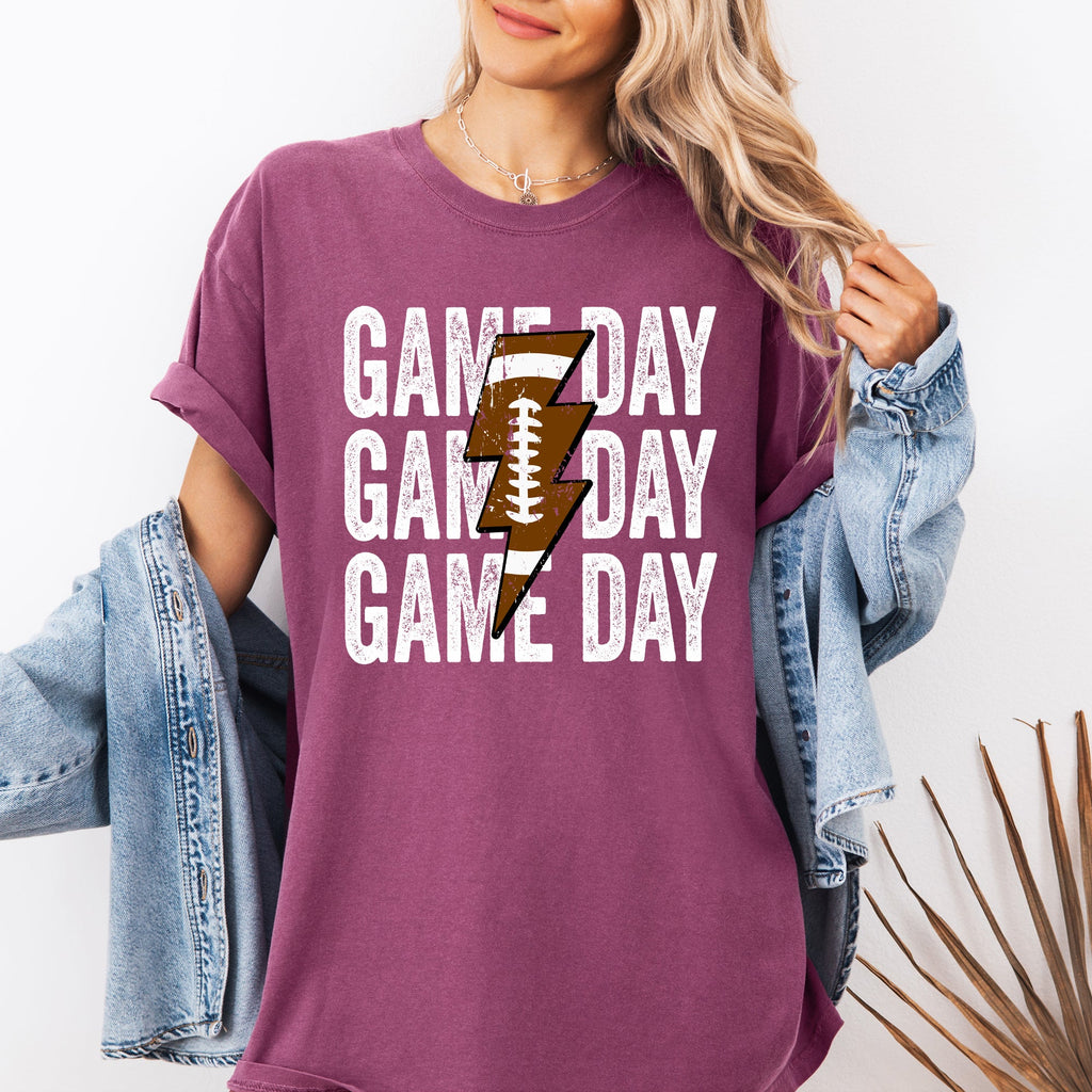Game Day Lightning Bolt Football Graphic Design For Tailgate Party Theme Comfort Colors Tee