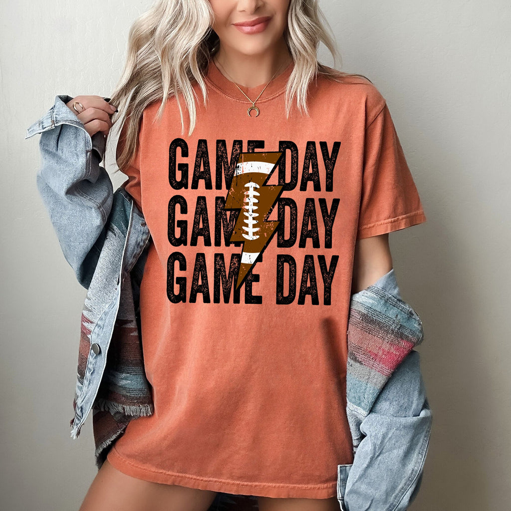 Game Day Lightning Bolt Football Graphic Design For Tailgate Party Theme Comfort Colors Tee