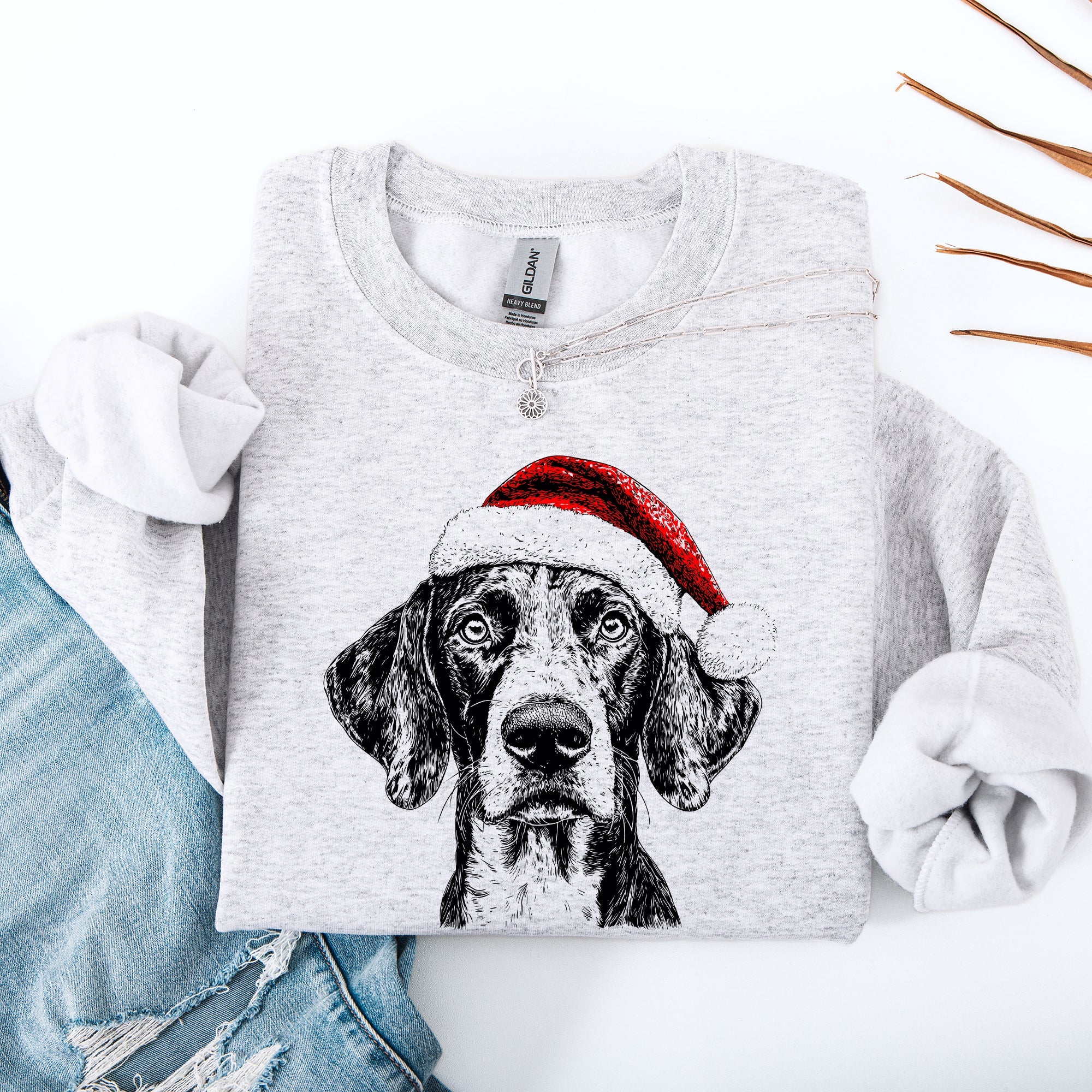 German Shorthaired Santa Christmas Dog Lover Portrait With Paws And Snowflakes Sweatshirt
