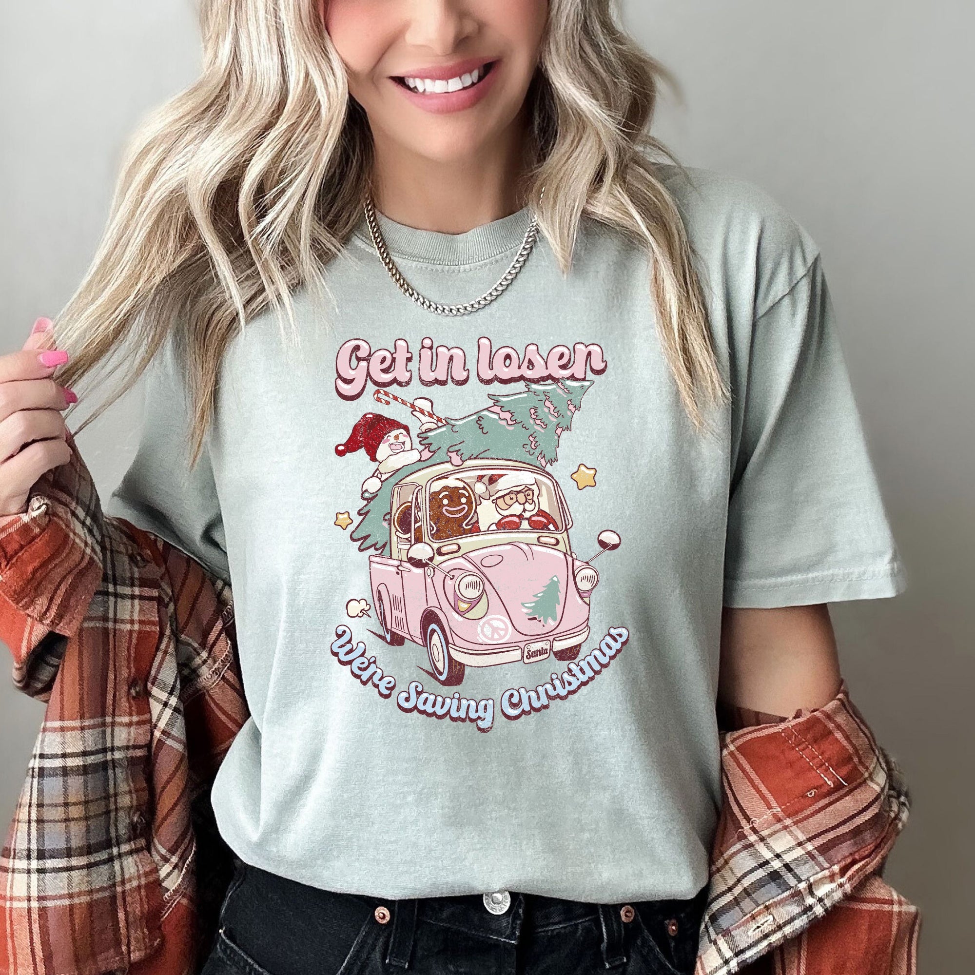 Get In Loser, We're Saving Christmas Retro VW Pink Santa Snowman Comfort Colors Tee