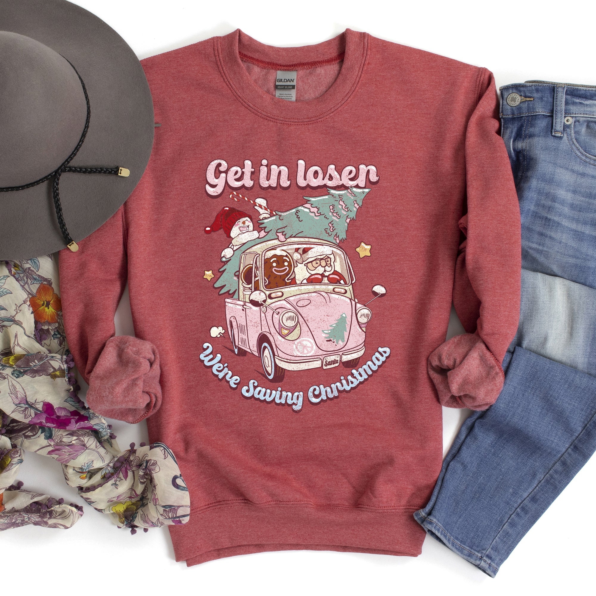 Get In Loser, We're Saving Christmas, Retro, Pink, Santa, Snowman Holiday Edition Sweatshirt