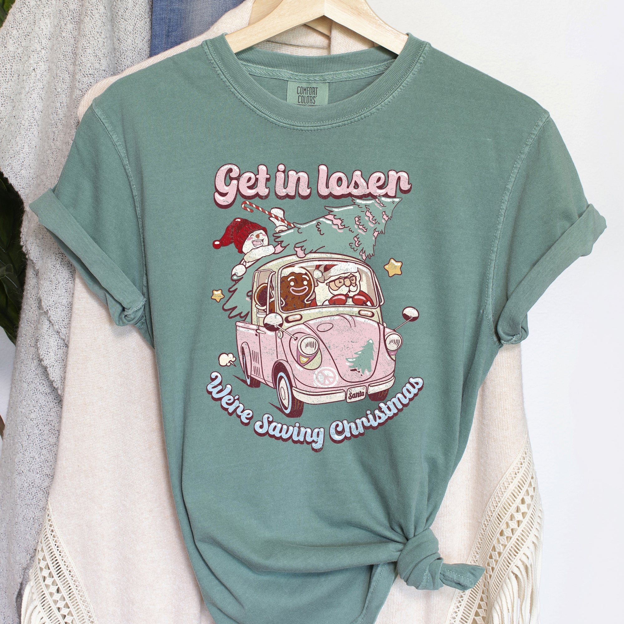 Get In Loser, We're Saving Christmas Retro VW Pink Santa Snowman Comfort Colors Tee