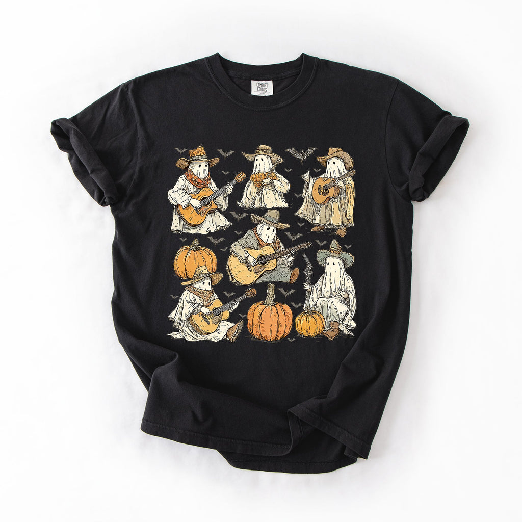 Ghost Cowboys Halloween Bats Spooky Western Outlaws Under Moonlit Sky With Whimsical Ghost Town Charm Comfort Colors Tee