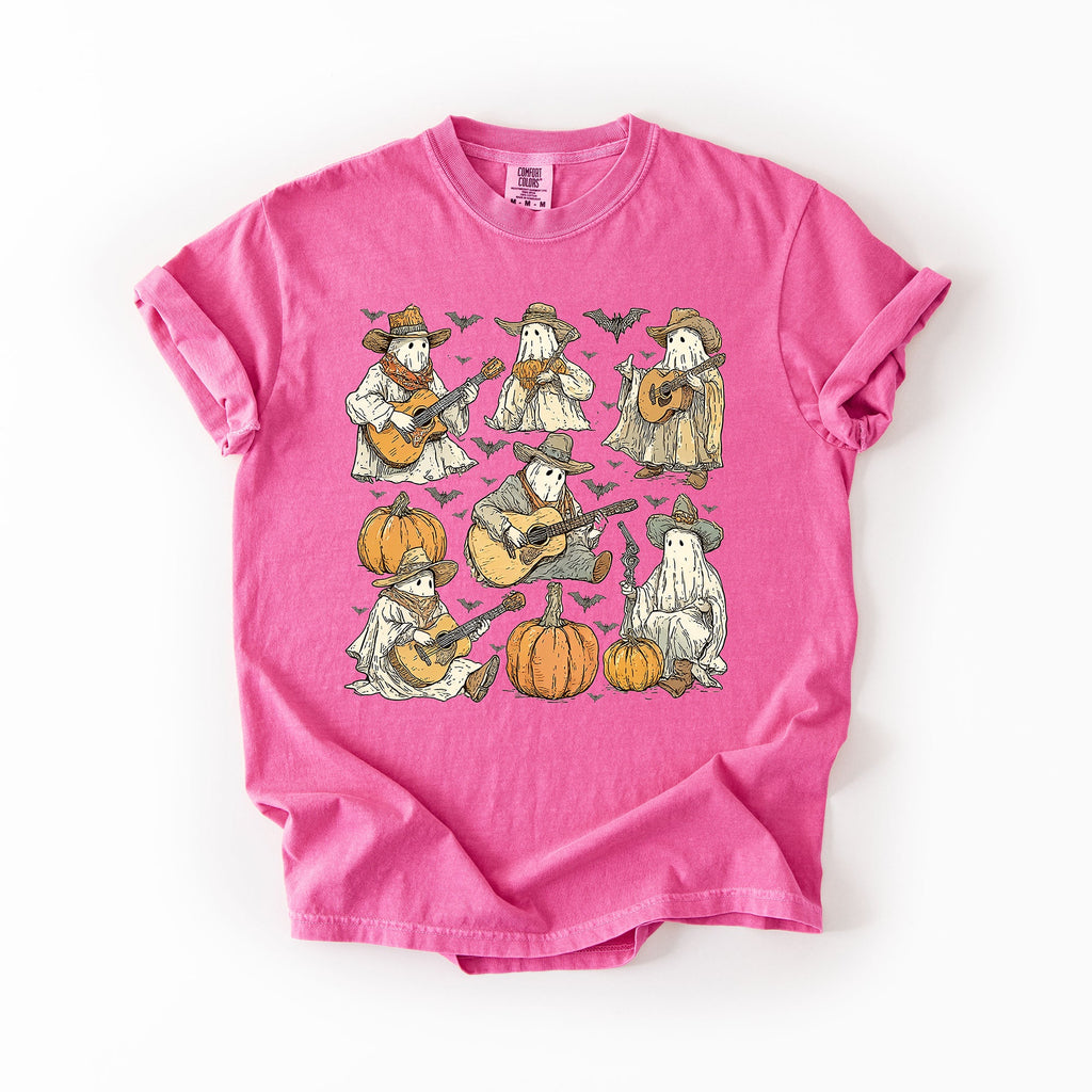 Ghost Cowboys Halloween Bats Spooky Western Outlaws Under Moonlit Sky With Whimsical Ghost Town Charm Comfort Colors Tee