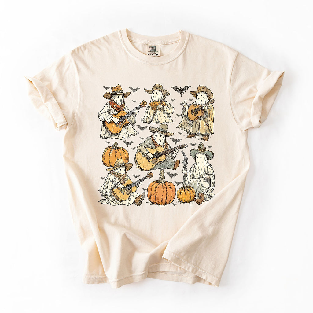 Ghost Cowboys Halloween Bats Spooky Western Outlaws Under Moonlit Sky With Whimsical Ghost Town Charm Comfort Colors Tee