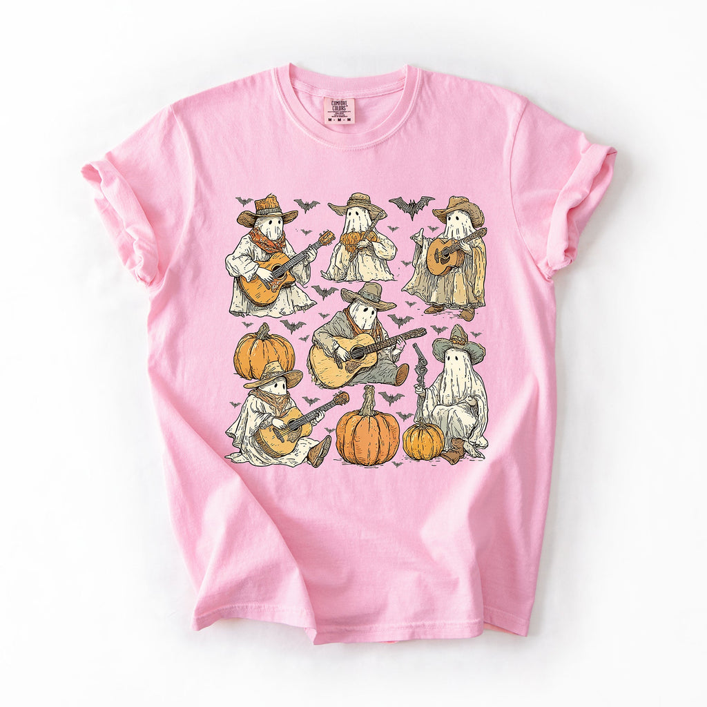 Ghost Cowboys Halloween Bats Spooky Western Outlaws Under Moonlit Sky With Whimsical Ghost Town Charm Comfort Colors Tee