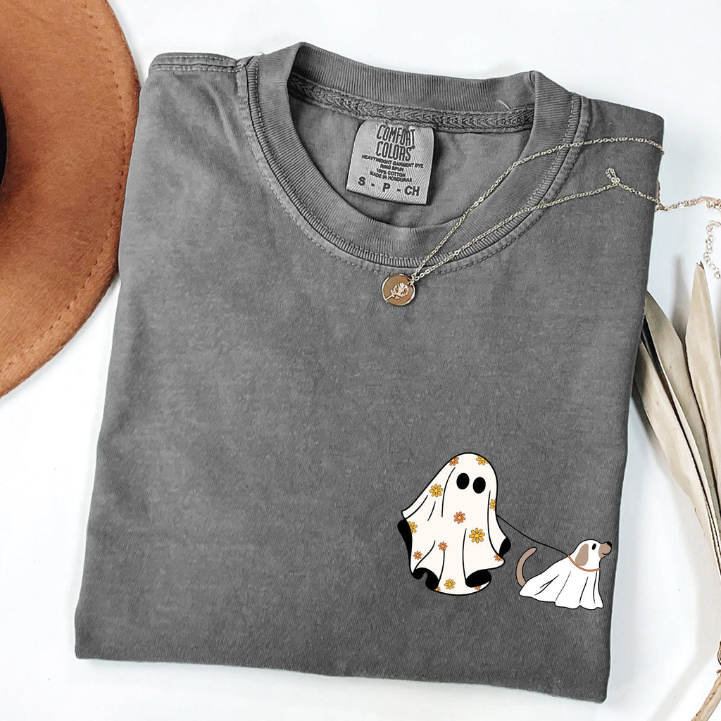 Ghost Walking Dog Pocket Print Animal Lover Halloween Classic Comfort Colors Tee