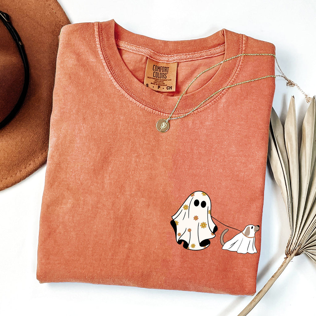 Ghost Walking Dog Pocket Print Animal Lover Halloween Classic Comfort Colors Tee