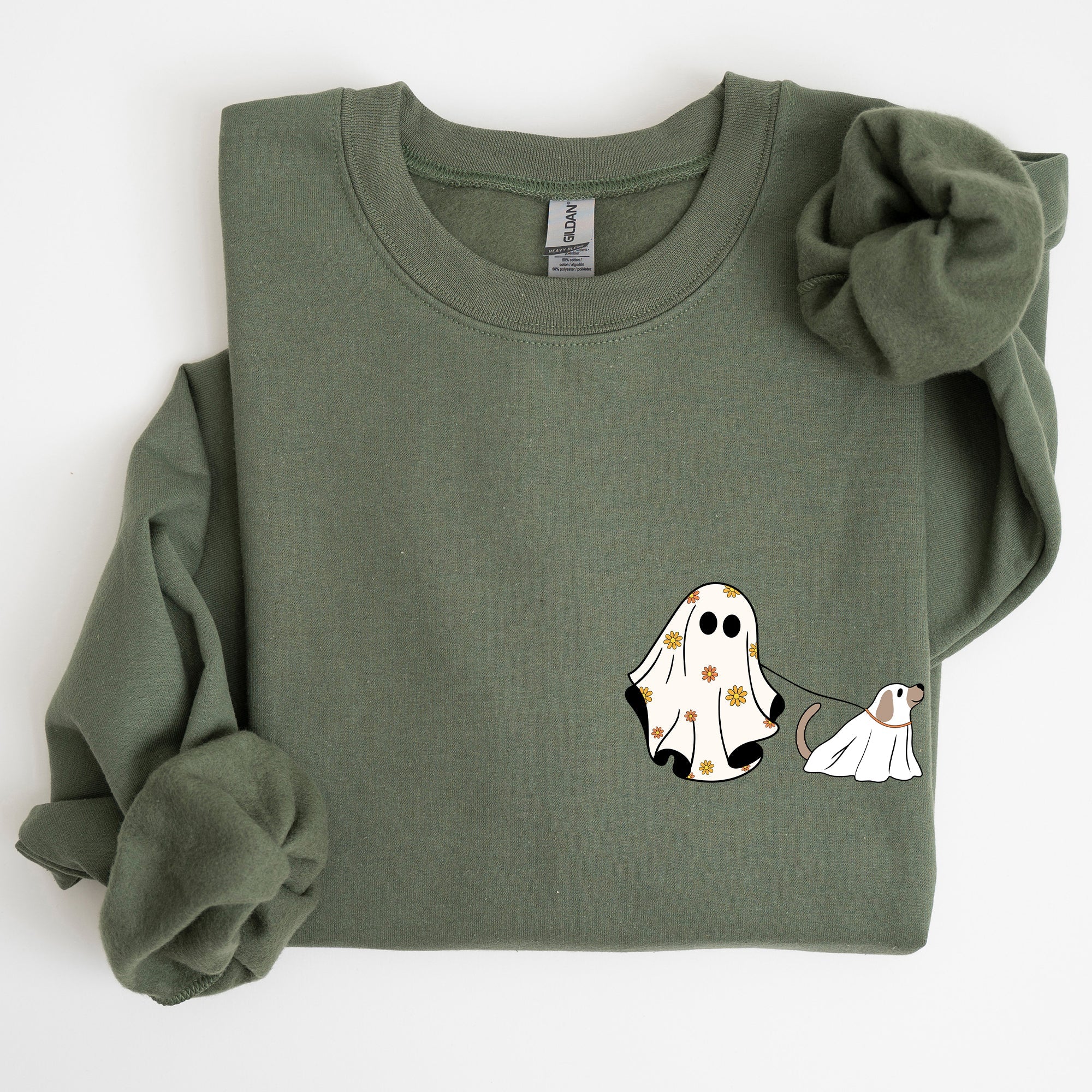 Ghost Walking Dog Pocket Print Halloween Animal Lover Cozy Warm Vintage Vibe Sweatshirt