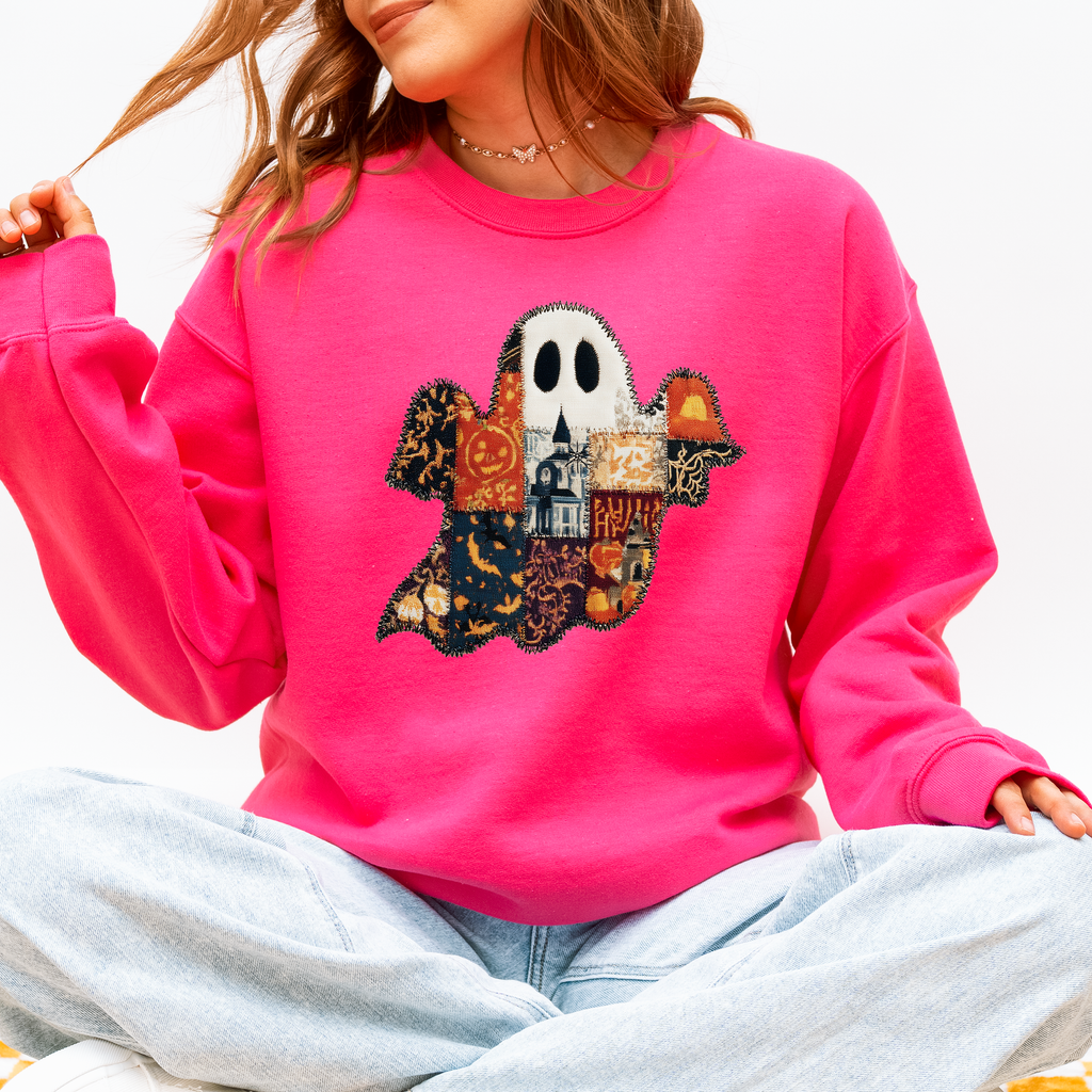 Ghost Faux Quilt Classic Halloween Fall Cozy Nights Festive Timeless Spooky Style Sweatshirt