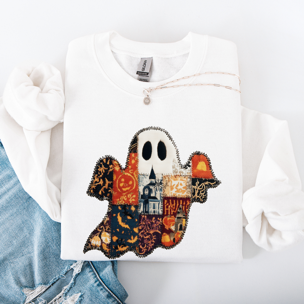 Ghost Faux Quilt Classic Halloween Fall Cozy Nights Festive Timeless Spooky Style Sweatshirt