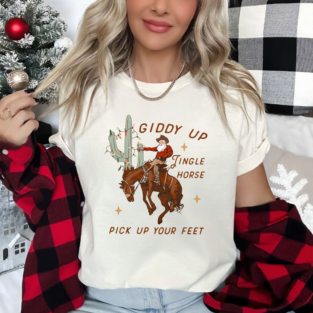 Giddy Up Jingle Horse, Cowboy Santa, Christmas, Desert, Cactus Western Graphic Tee