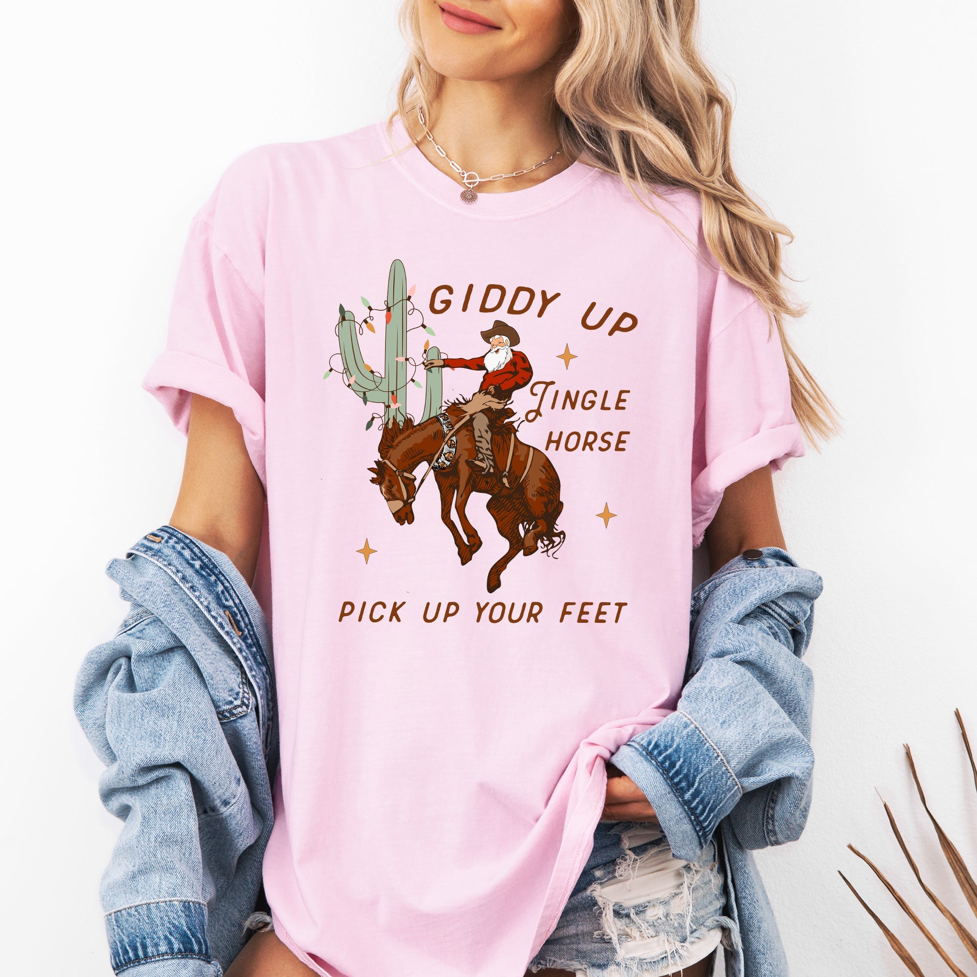 Giddy Up Jingle Horse Santa Christmas Rocking Around Cowboy Country Western Xmas Comfort Colors Tee