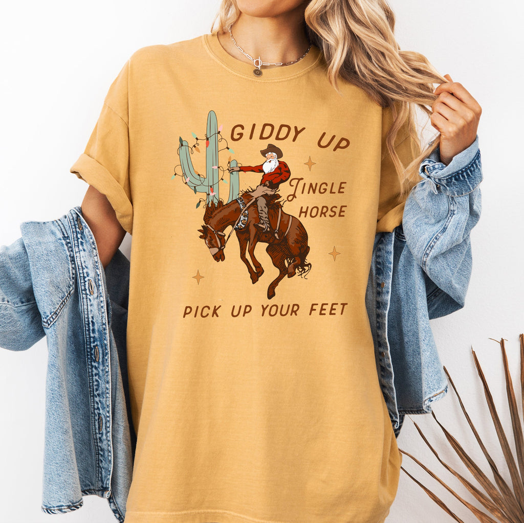 Giddy Up Jingle Horse Santa Christmas Rocking Around Cowboy Country Western Xmas Comfort Colors Tee