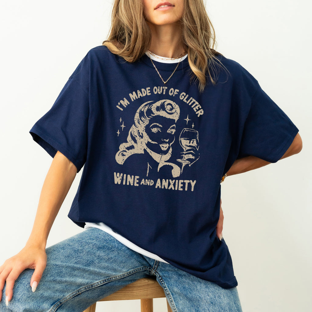 Glitter Wine Anxiety Mental Health Self Care Meme Relatable Humor Comfort Colors Tee